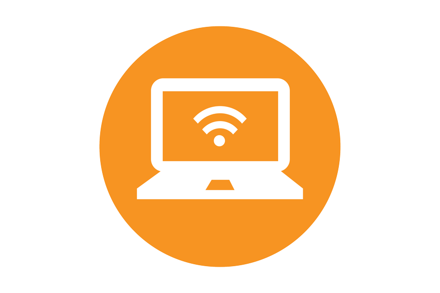 Laptop graphic on orange background with wifi signals.